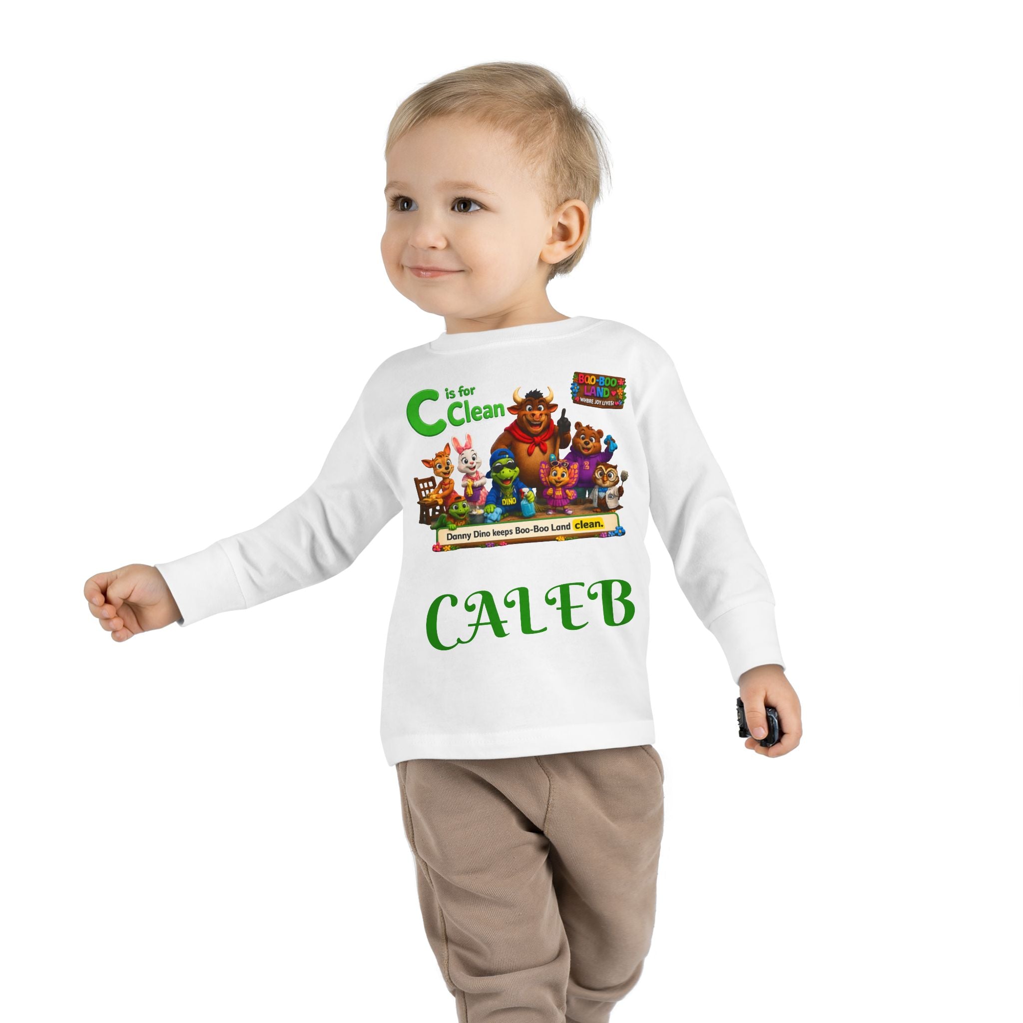 Children's Long Sleeve Tee — Personalized 'C is for Clean' Animal Alphabet Shirt (Name: Caleb)