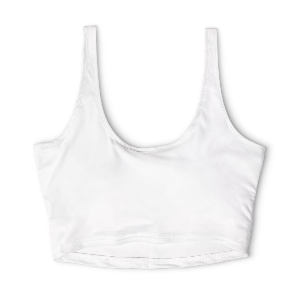Women's White Sports Bra — Retro 'PFP' Small Chest Logo Athletic Crop Top