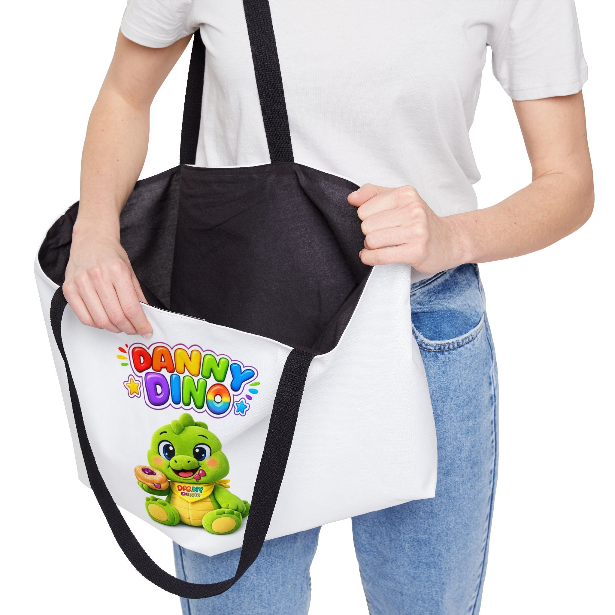 Danny Dino Kids Weekender Tote Bag — Cute Green Dino with Donut
