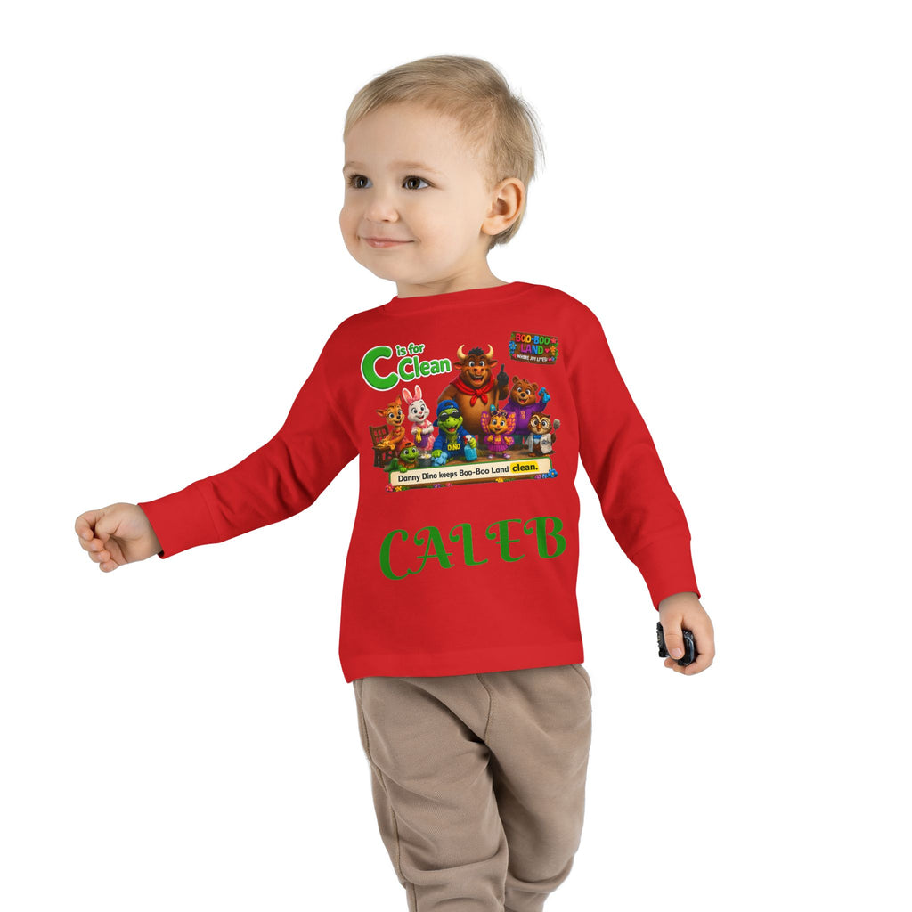 Children's Long Sleeve Tee — Personalized 'C is for Clean' Animal Alphabet Shirt (Name: Caleb)