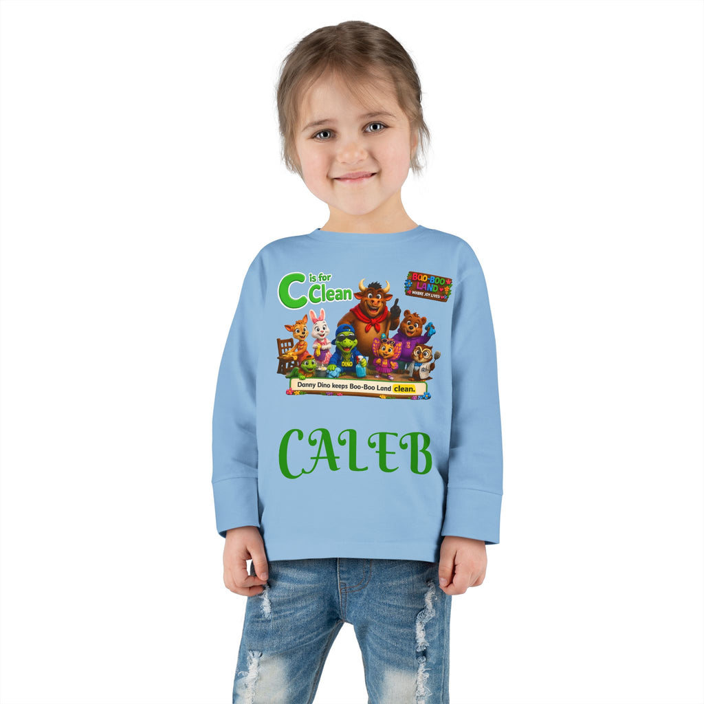Children's Long Sleeve Tee — Personalized 'C is for Clean' Animal Alphabet Shirt (Name: Caleb)