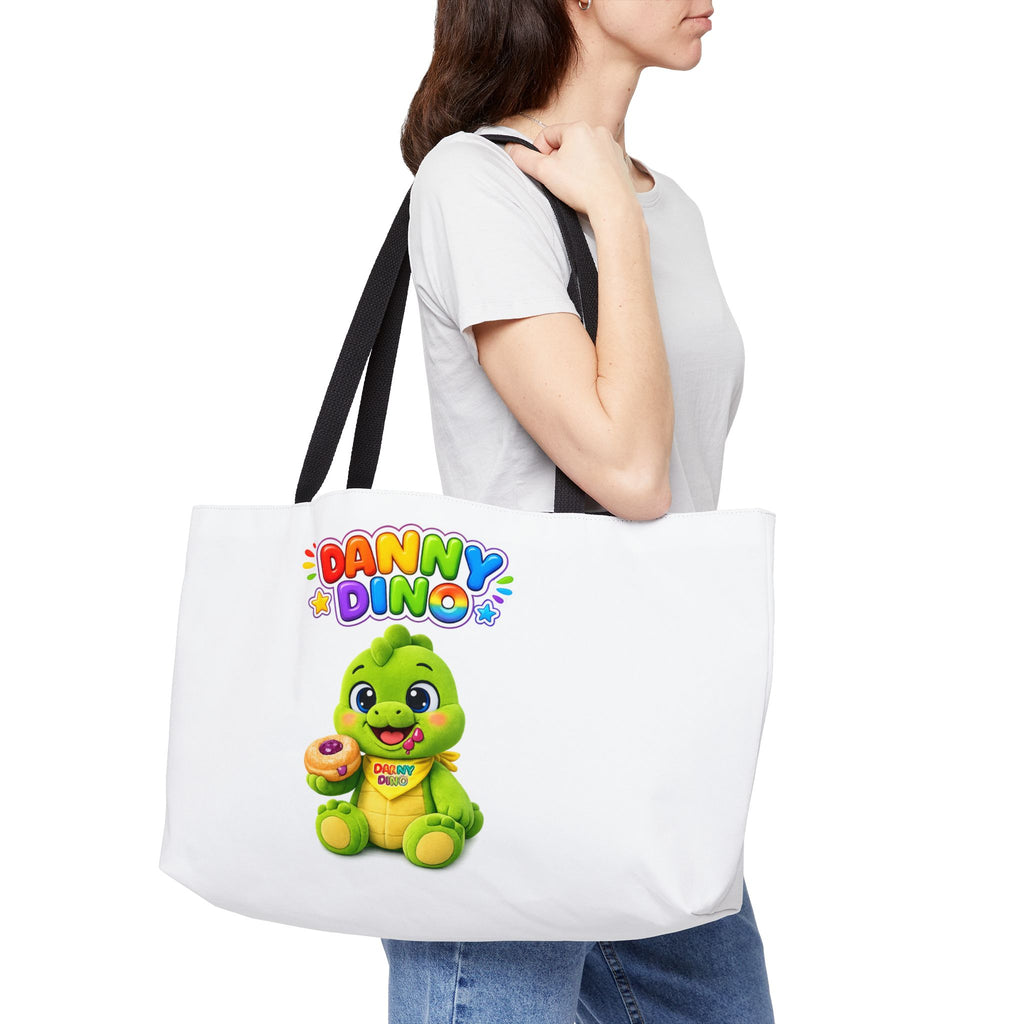 Danny Dino Kids Weekender Tote Bag — Cute Green Dino with Donut