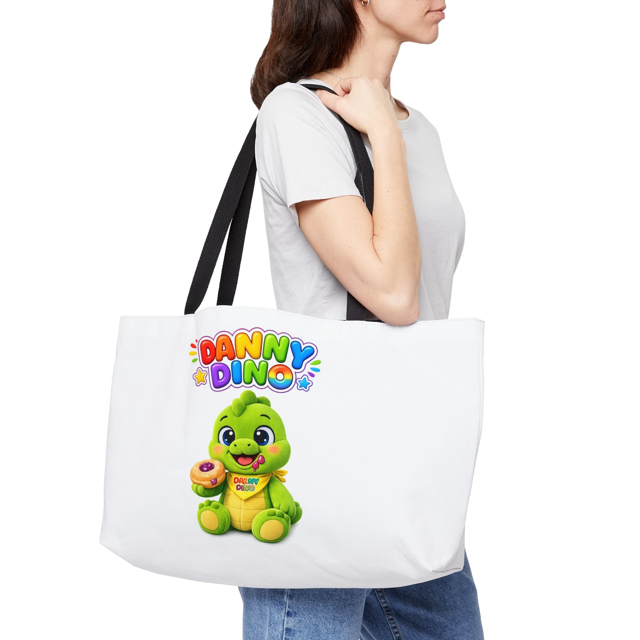 Danny Dino Kids Weekender Tote Bag — Cute Green Dino with Donut