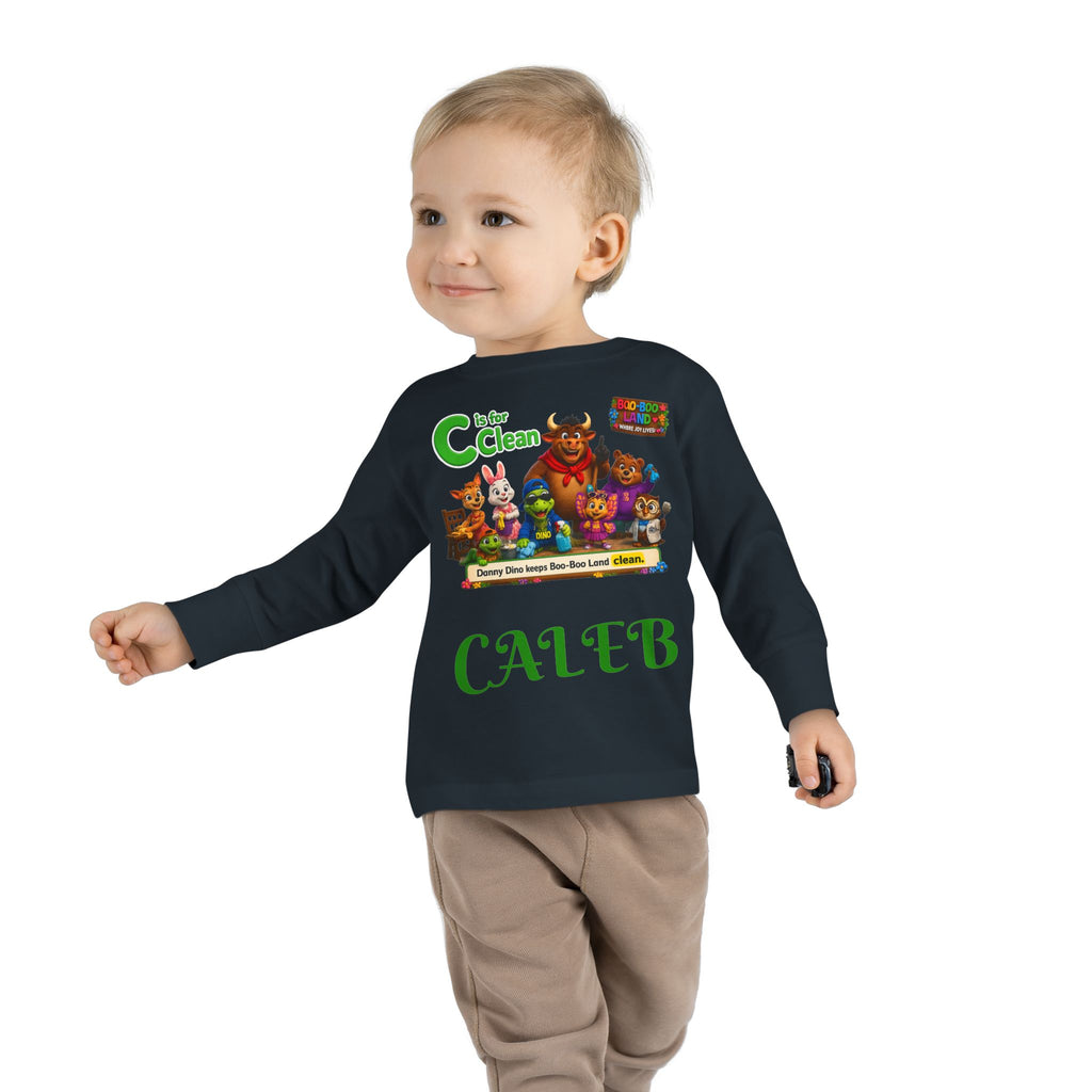 Children's Long Sleeve Tee — Personalized 'C is for Clean' Animal Alphabet Shirt (Name: Caleb)