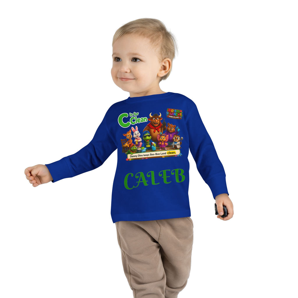 Children's Long Sleeve Tee — Personalized 'C is for Clean' Animal Alphabet Shirt (Name: Caleb)