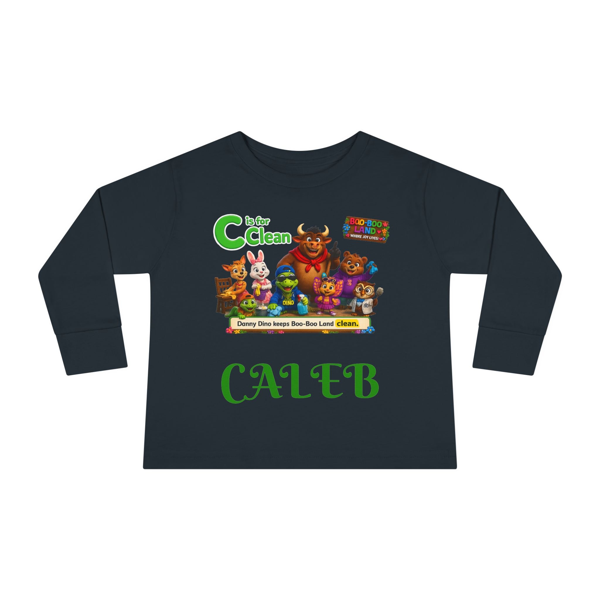 Children's Long Sleeve Tee — Personalized 'C is for Clean' Animal Alphabet Shirt (Name: Caleb)