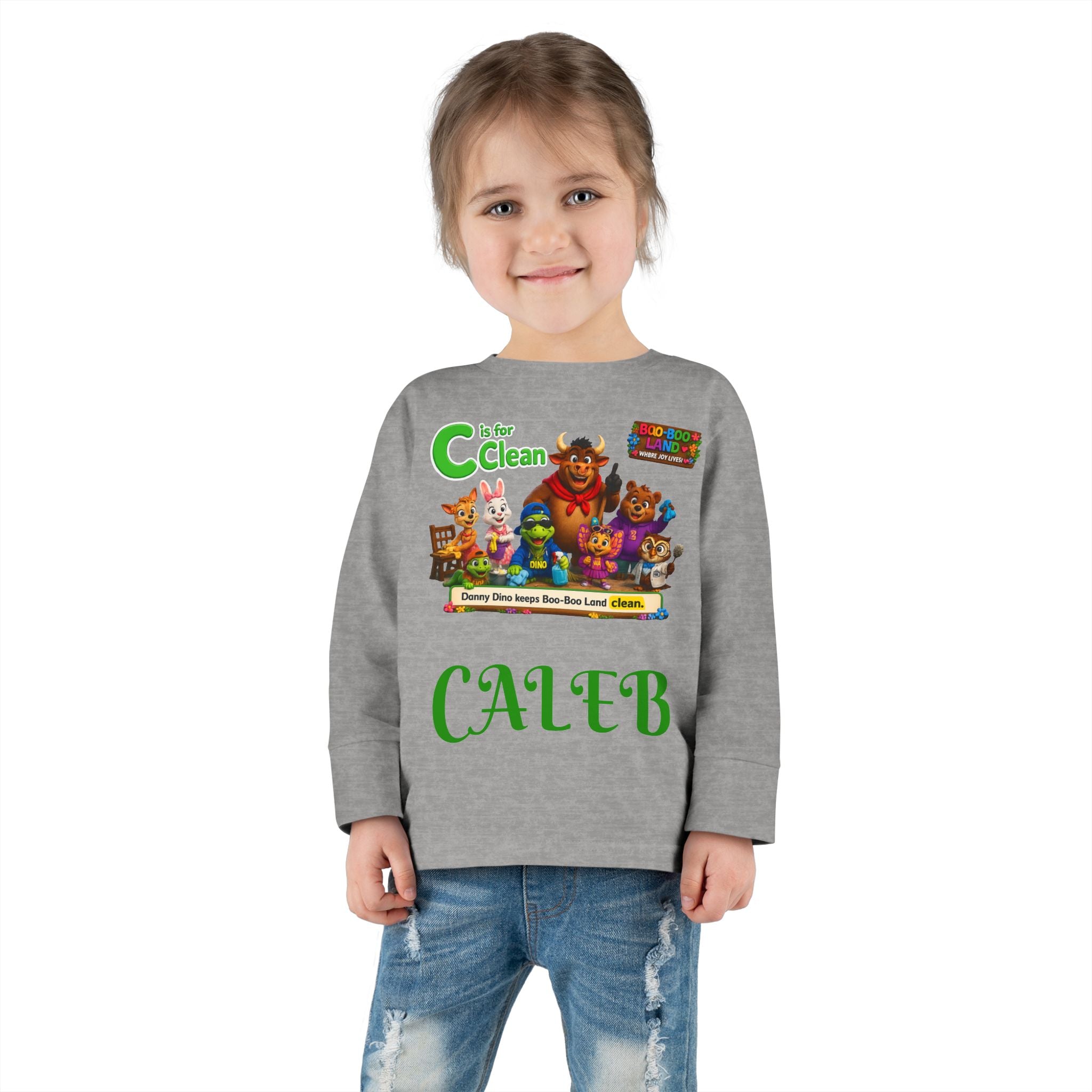 Children's Long Sleeve Tee — Personalized 'C is for Clean' Animal Alphabet Shirt (Name: Caleb)