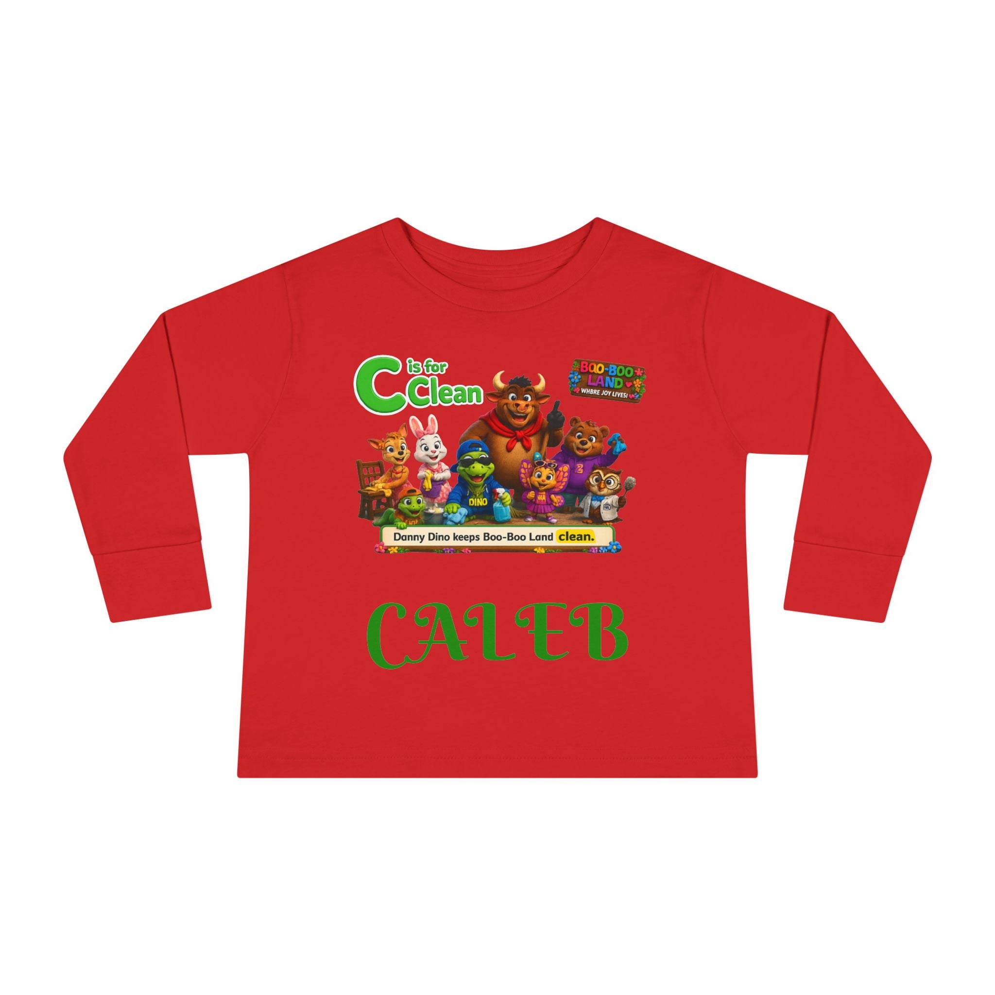 Children's Long Sleeve Tee — Personalized 'C is for Clean' Animal Alphabet Shirt (Name: Caleb)