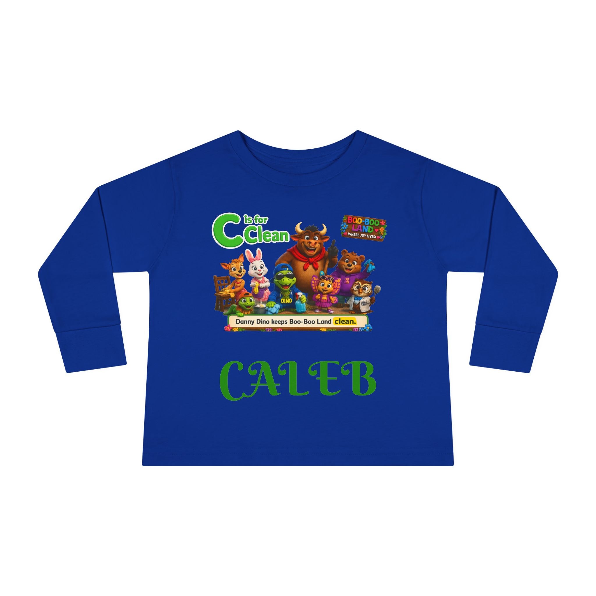Children's Long Sleeve Tee — Personalized 'C is for Clean' Animal Alphabet Shirt (Name: Caleb)