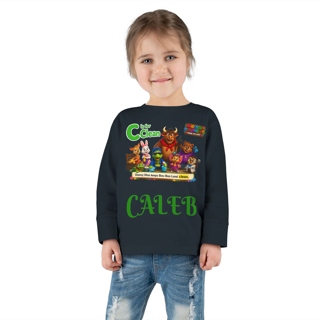 Children's Long Sleeve Tee — Personalized 'C is for Clean' Animal Alphabet Shirt (Name: Caleb)