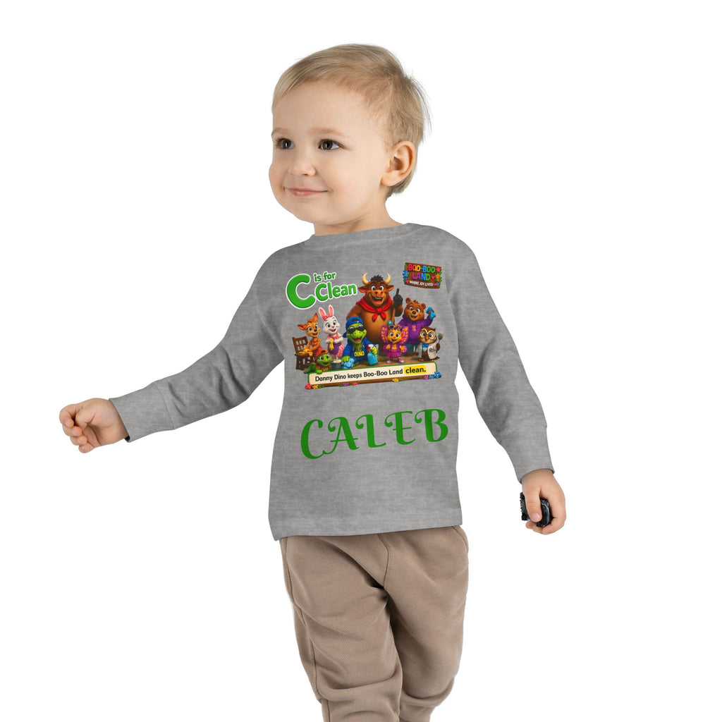 Children's Long Sleeve Tee — Personalized 'C is for Clean' Animal Alphabet Shirt (Name: Caleb)
