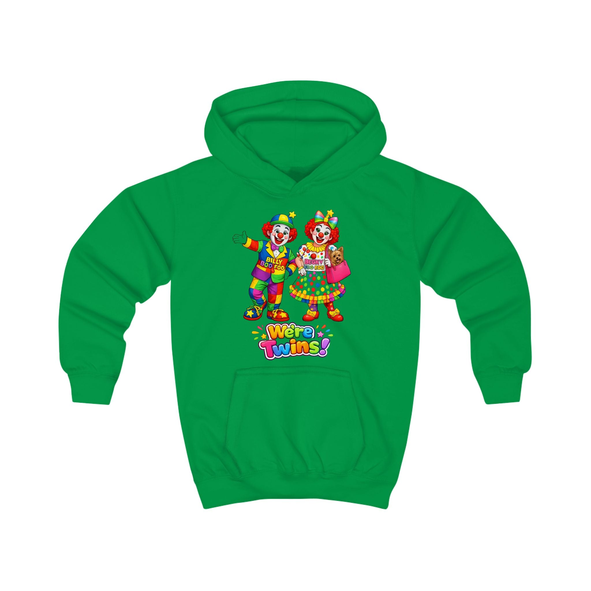 Kids Hoodie — Colorful Cartoon Clown Twins "We’re Twins" Graphic