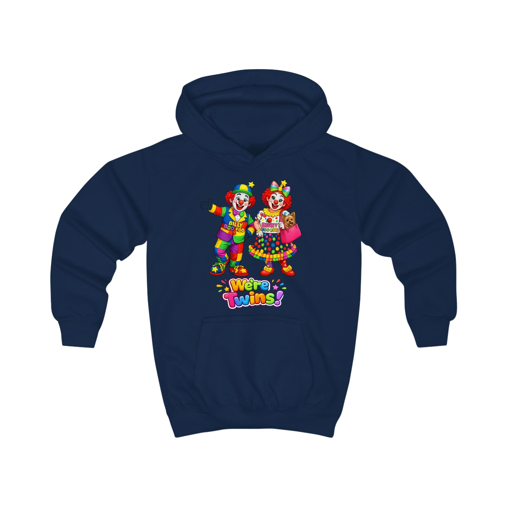 Kids Hoodie — Colorful Cartoon Clown Twins "We’re Twins" Graphic