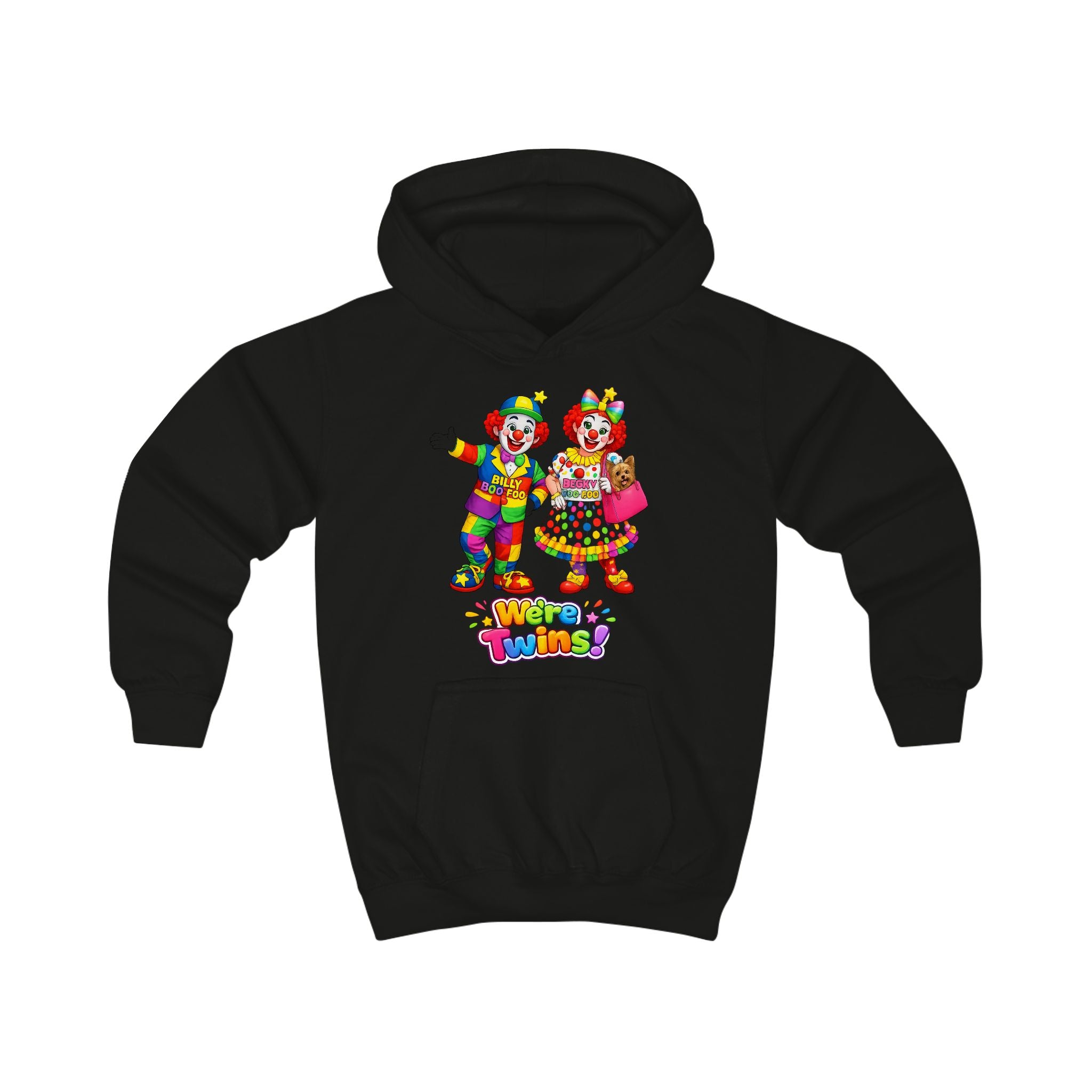 Kids Hoodie — Colorful Cartoon Clown Twins "We’re Twins" Graphic