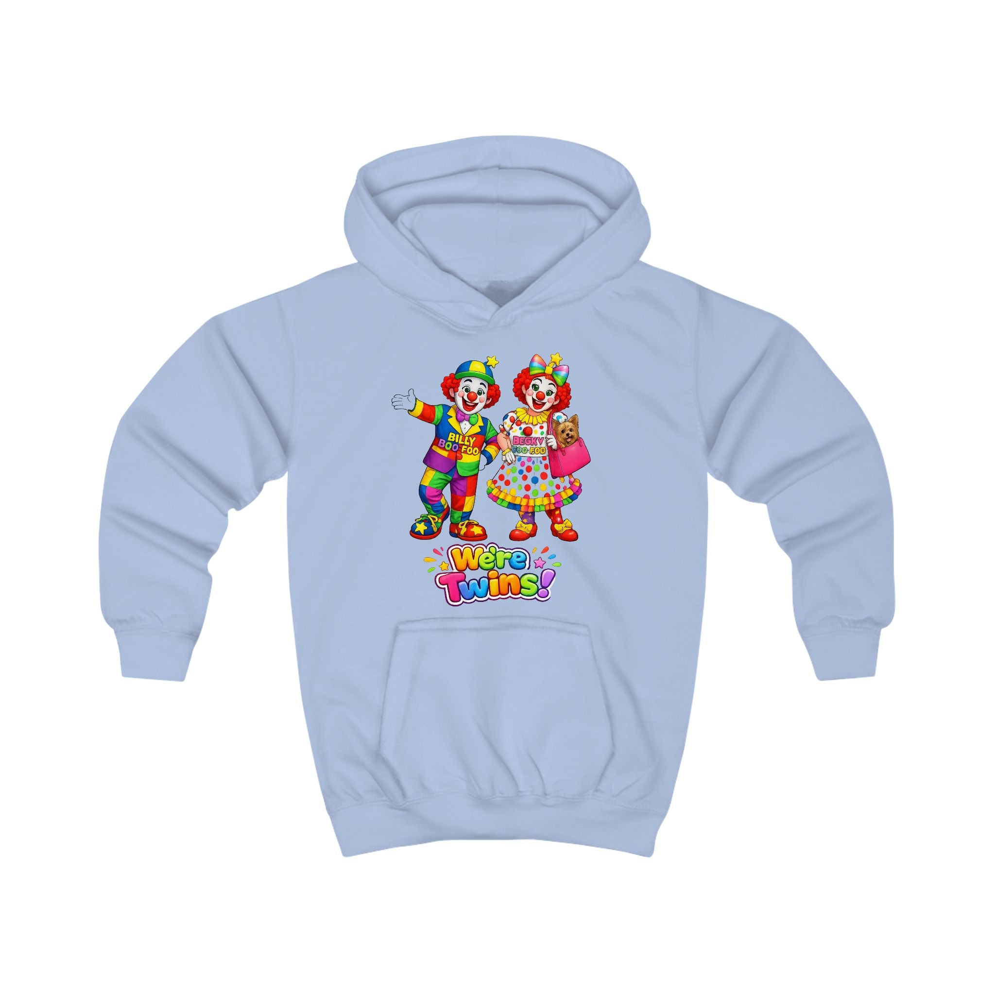 Kids Hoodie — Colorful Cartoon Clown Twins "We’re Twins" Graphic