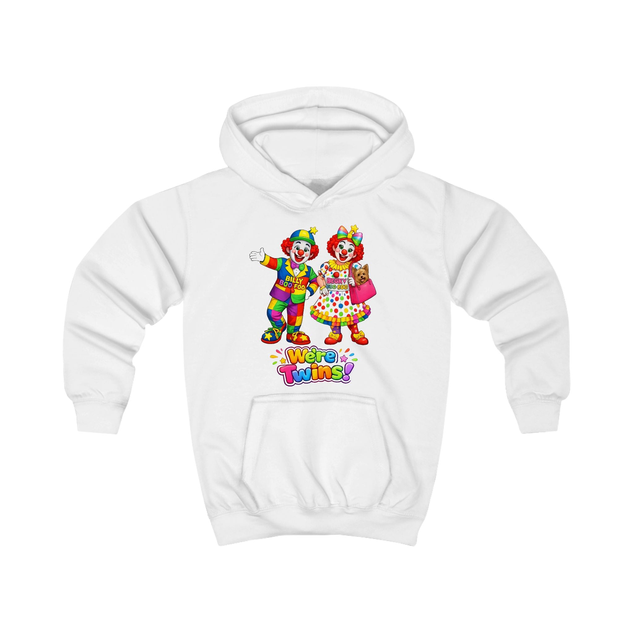 Kids Hoodie — Colorful Cartoon Clown Twins "We’re Twins" Graphic