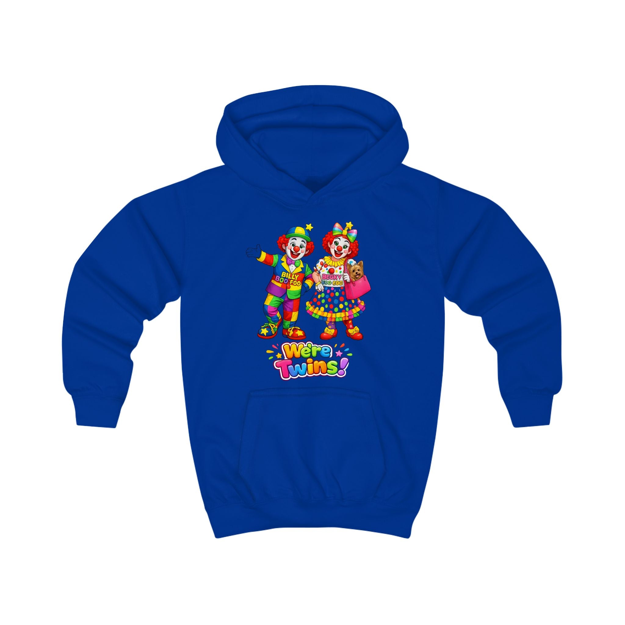 Kids Hoodie — Colorful Cartoon Clown Twins "We’re Twins" Graphic