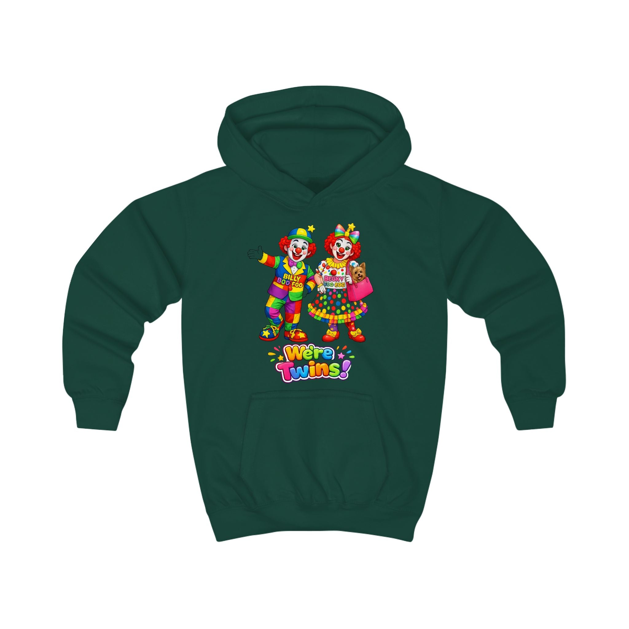Kids Hoodie — Colorful Cartoon Clown Twins "We’re Twins" Graphic