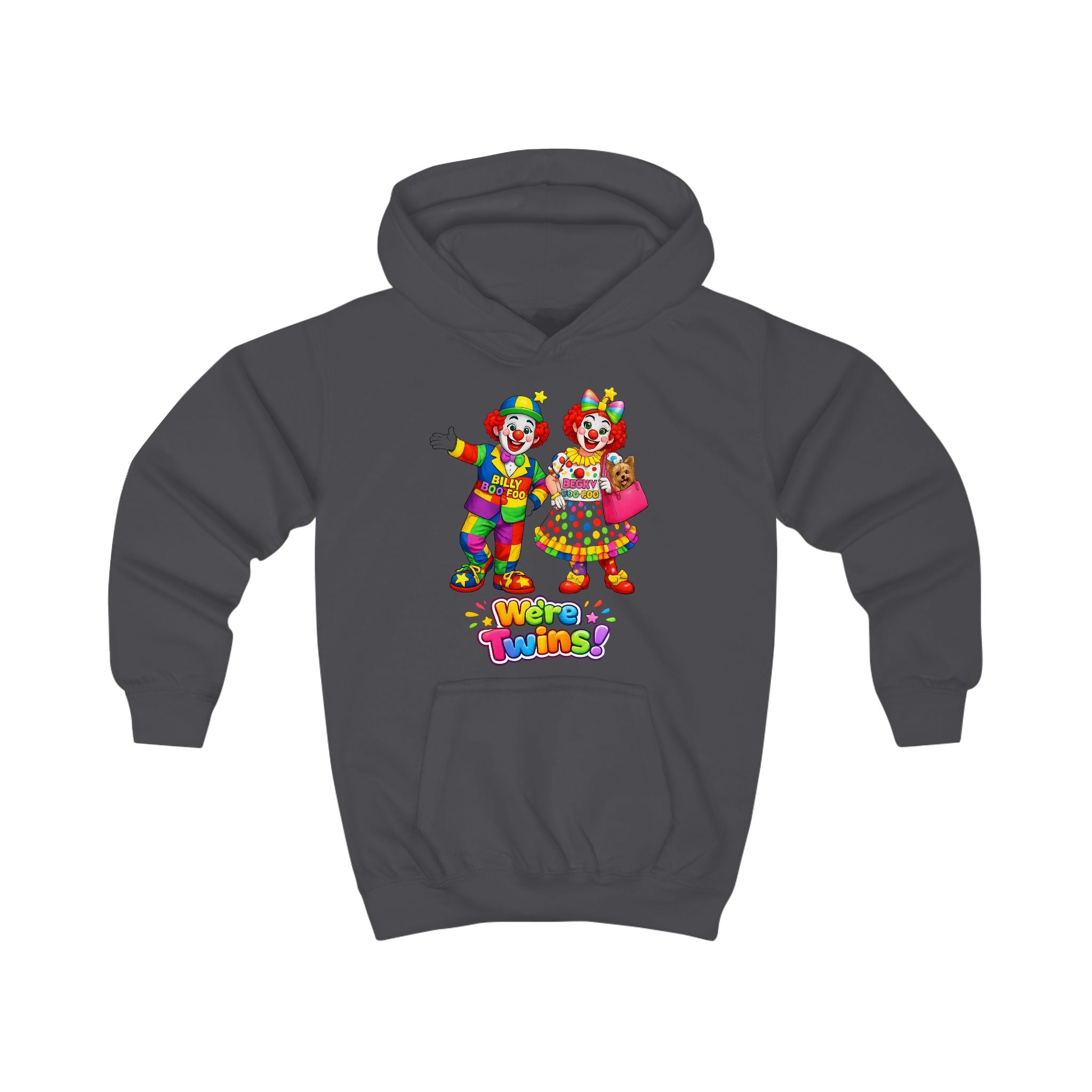Kids Hoodie — Colorful Cartoon Clown Twins "We’re Twins" Graphic