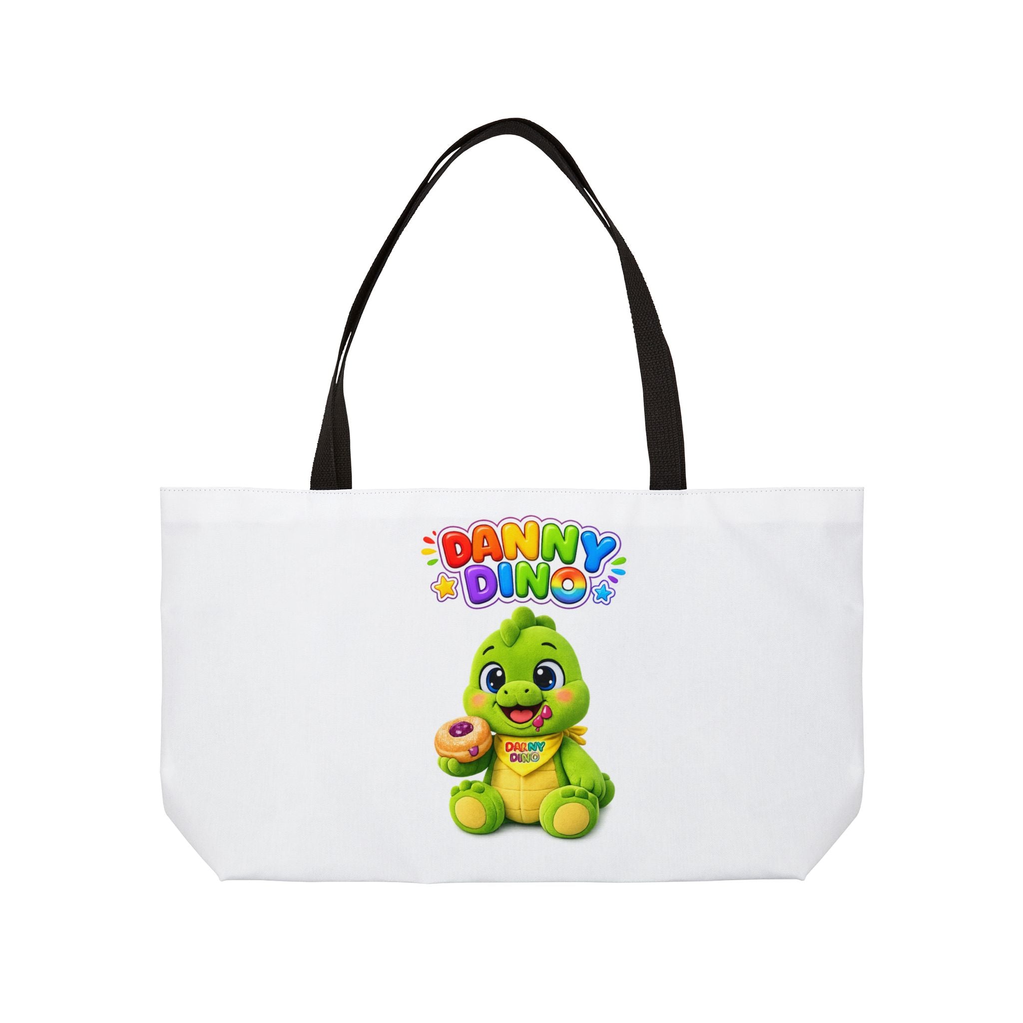 Danny Dino Kids Weekender Tote Bag — Cute Green Dino with Donut