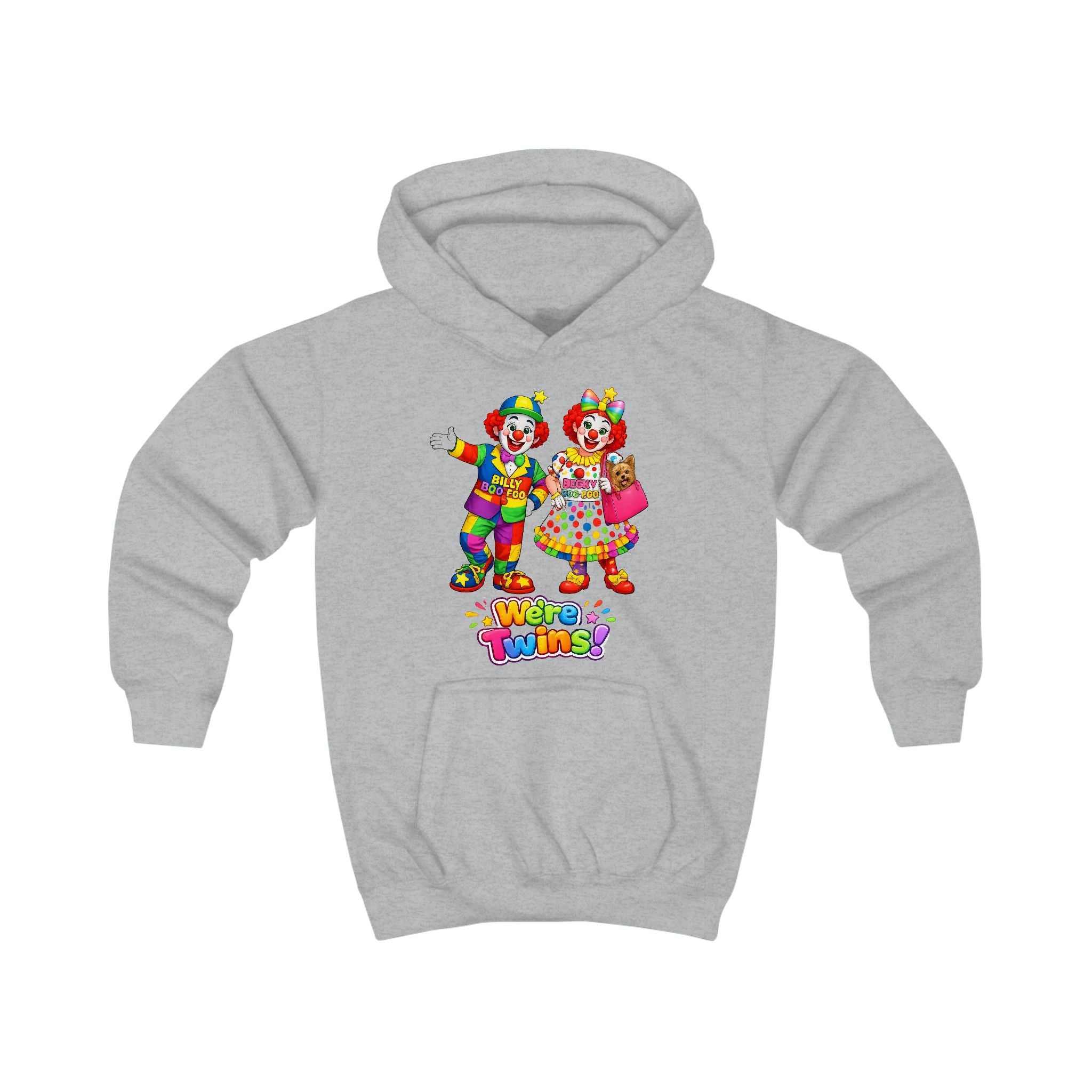 Kids Hoodie — Colorful Cartoon Clown Twins "We’re Twins" Graphic
