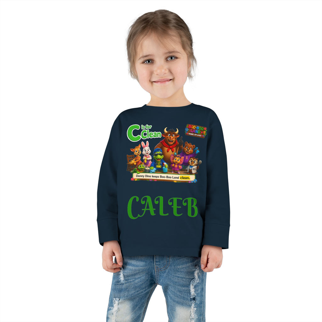 Children's Long Sleeve Tee — Personalized 'C is for Clean' Animal Alphabet Shirt (Name: Caleb)