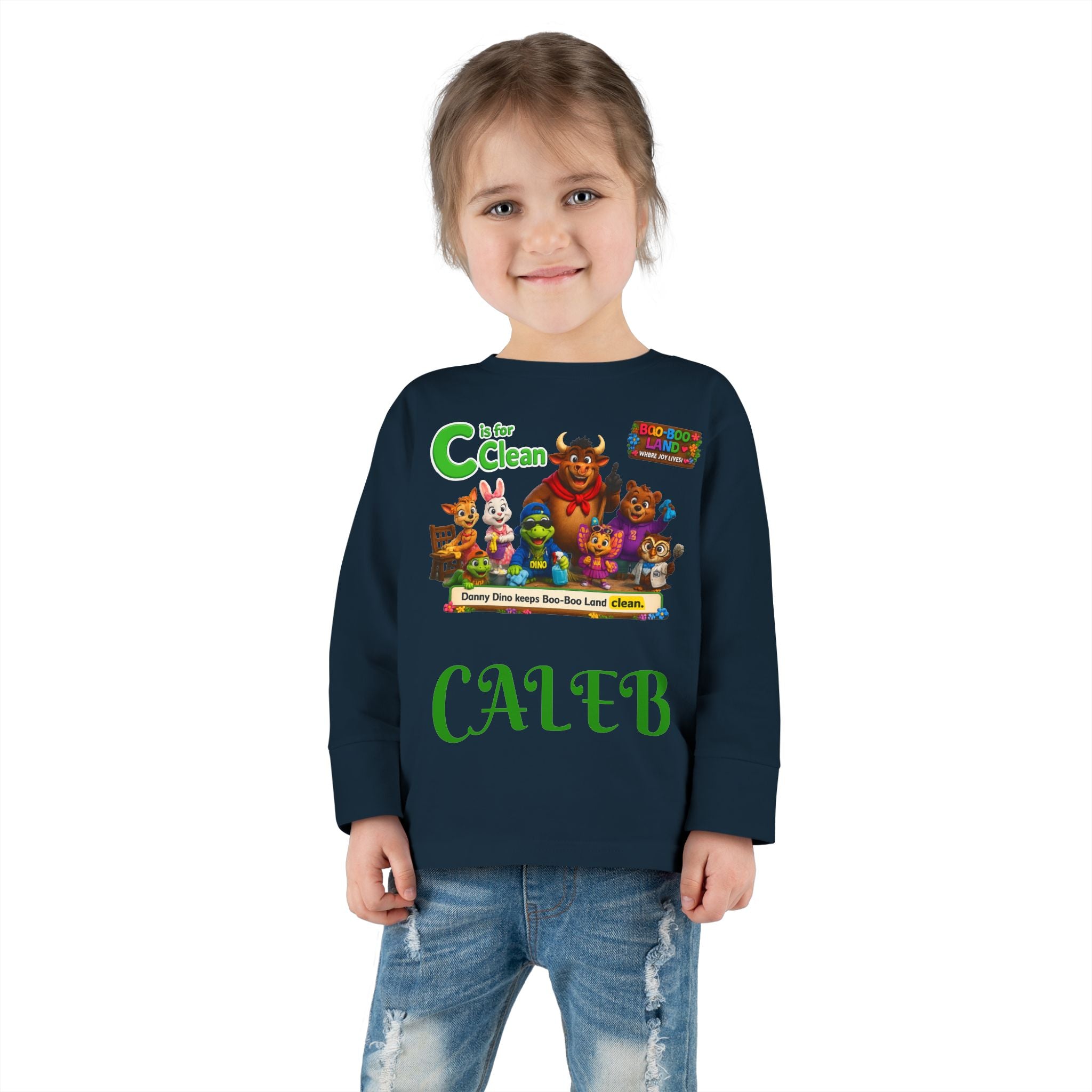 Children's Long Sleeve Tee — Personalized 'C is for Clean' Animal Alphabet Shirt (Name: Caleb)