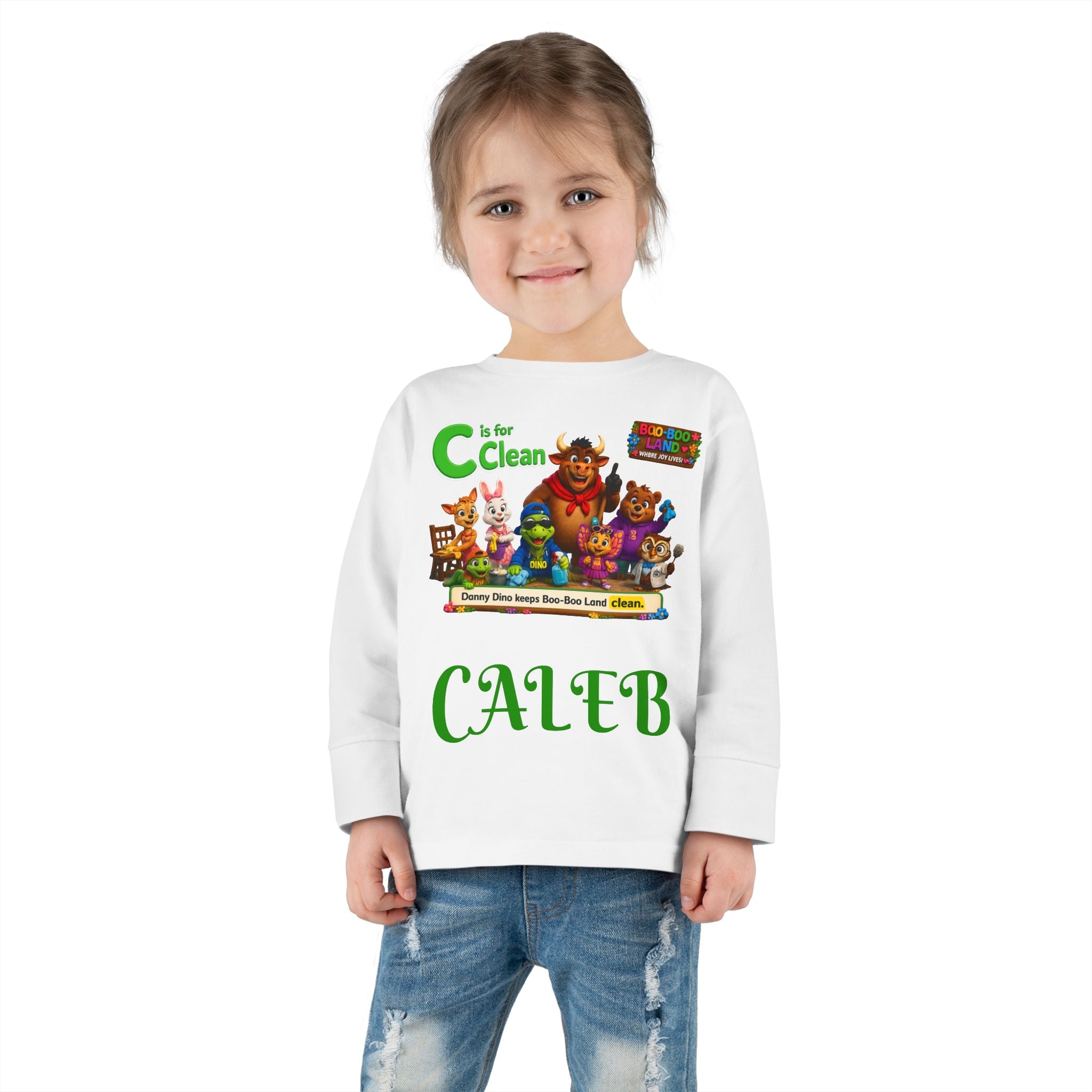 Children's Long Sleeve Tee — Personalized 'C is for Clean' Animal Alphabet Shirt (Name: Caleb)