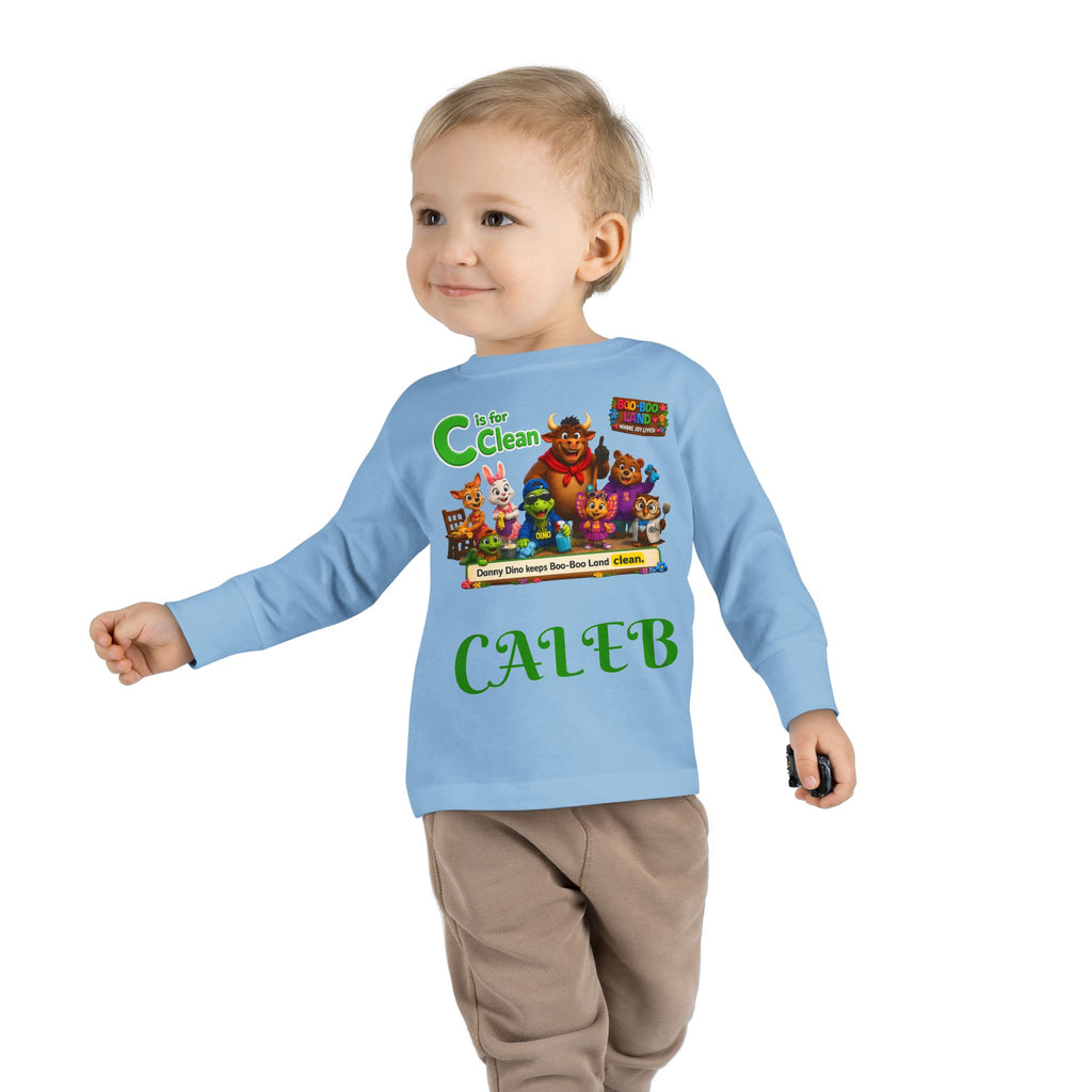 Children's Long Sleeve Tee — Personalized 'C is for Clean' Animal Alphabet Shirt (Name: Caleb)
