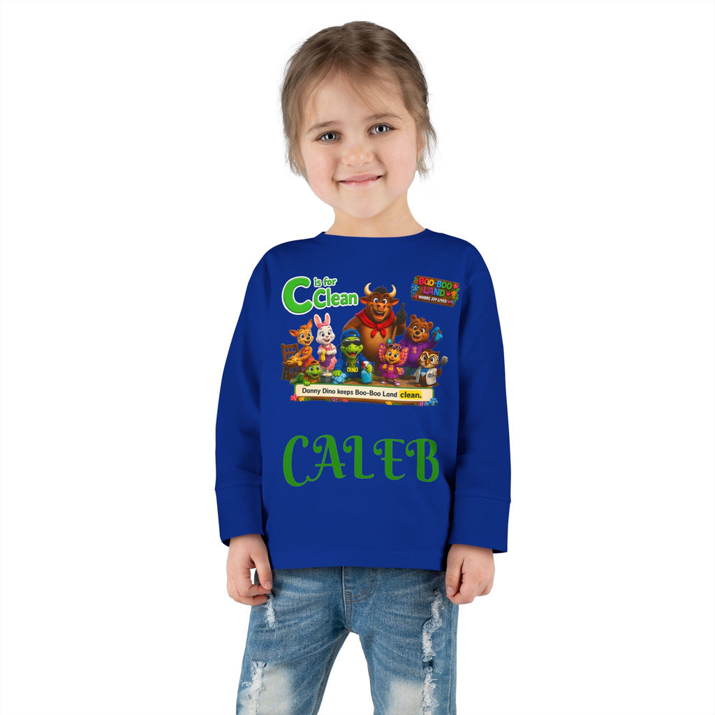 Children's Long Sleeve Tee — Personalized 'C is for Clean' Animal Alphabet Shirt (Name: Caleb)