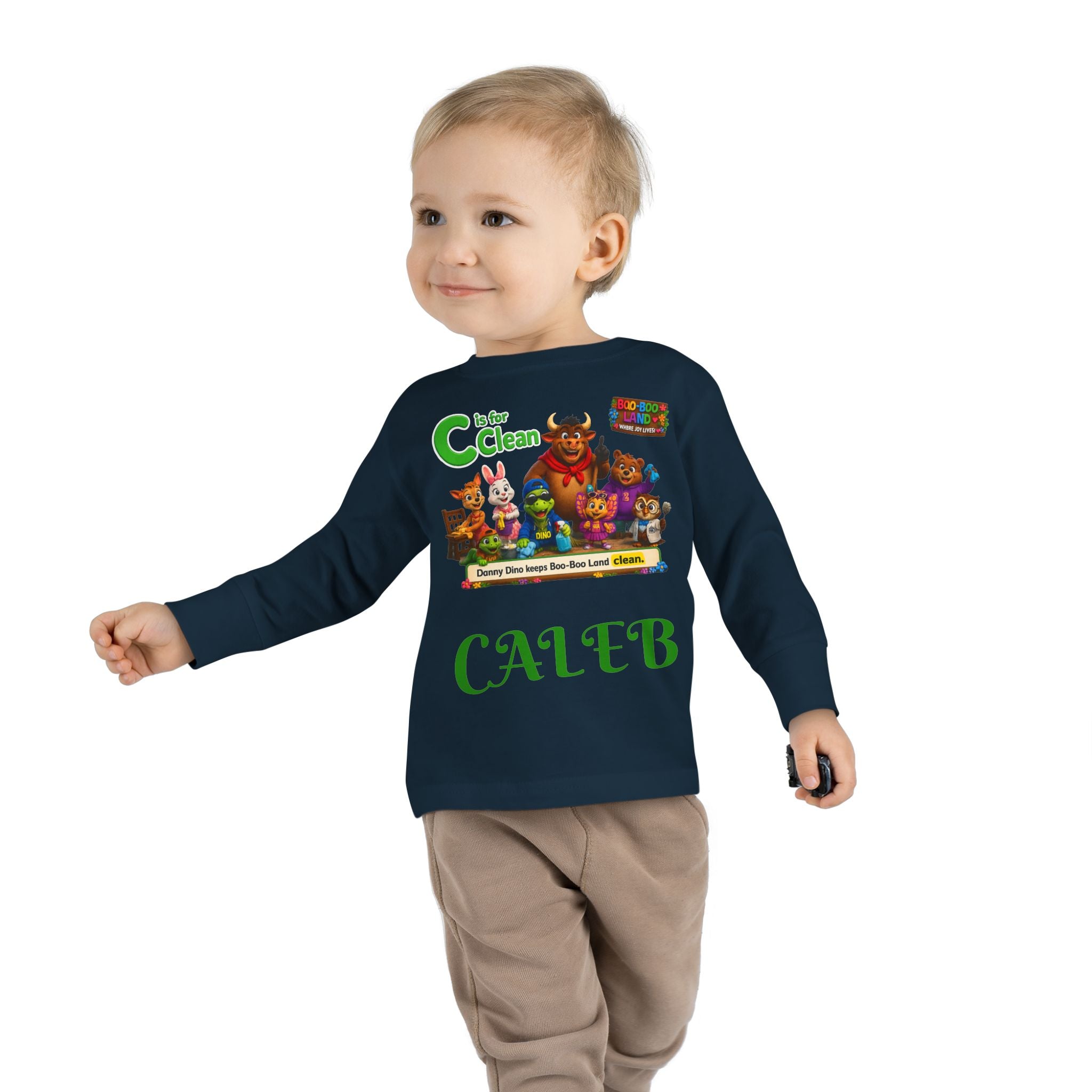 Children's Long Sleeve Tee — Personalized 'C is for Clean' Animal Alphabet Shirt (Name: Caleb)