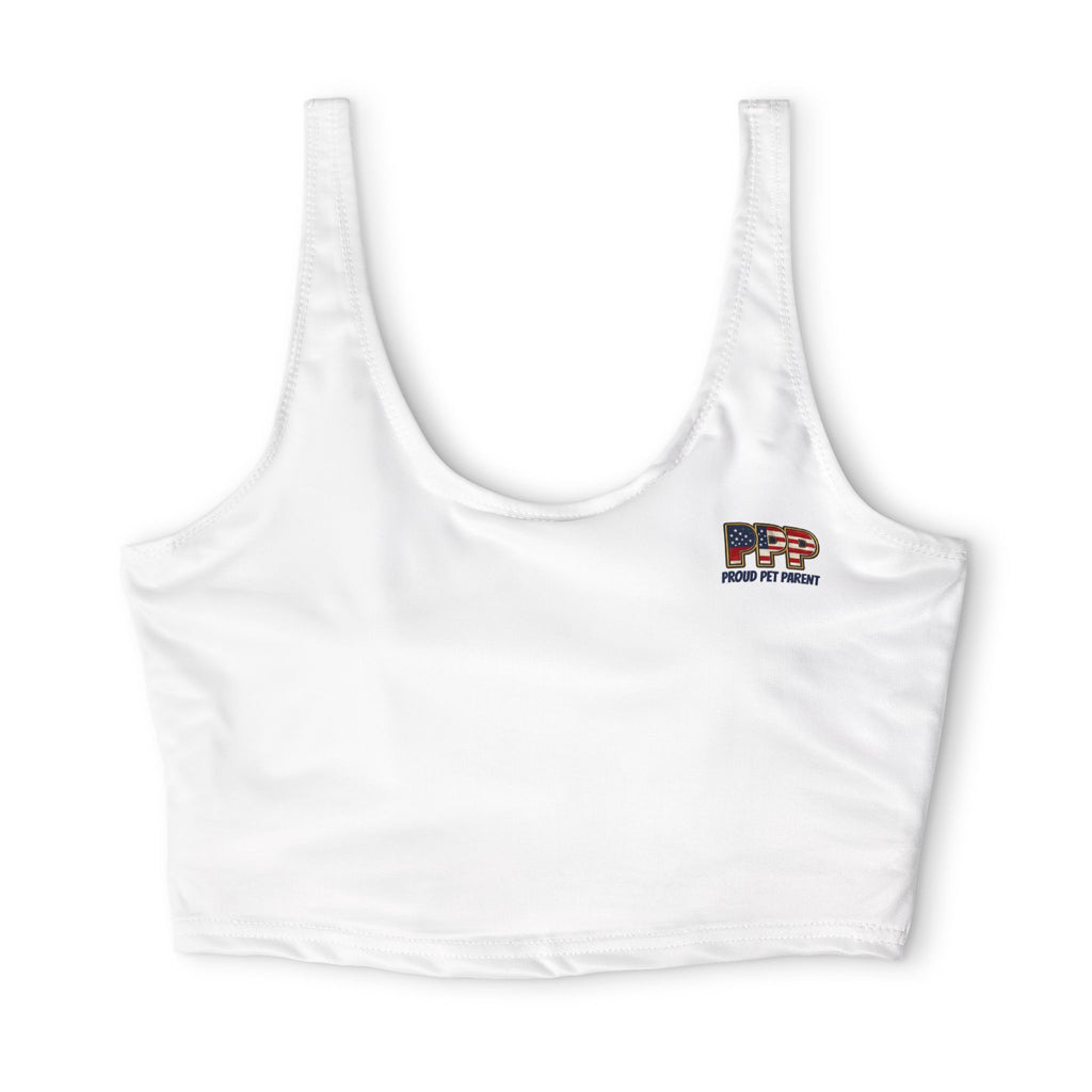 Women's White Sports Bra — Retro 'PFP' Small Chest Logo Athletic Crop Top