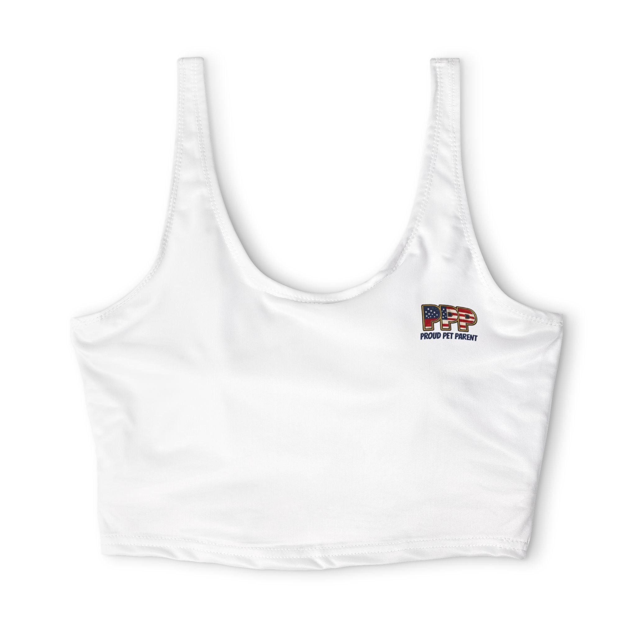 Women's White Sports Bra — Retro 'PFP' Small Chest Logo Athletic Crop Top