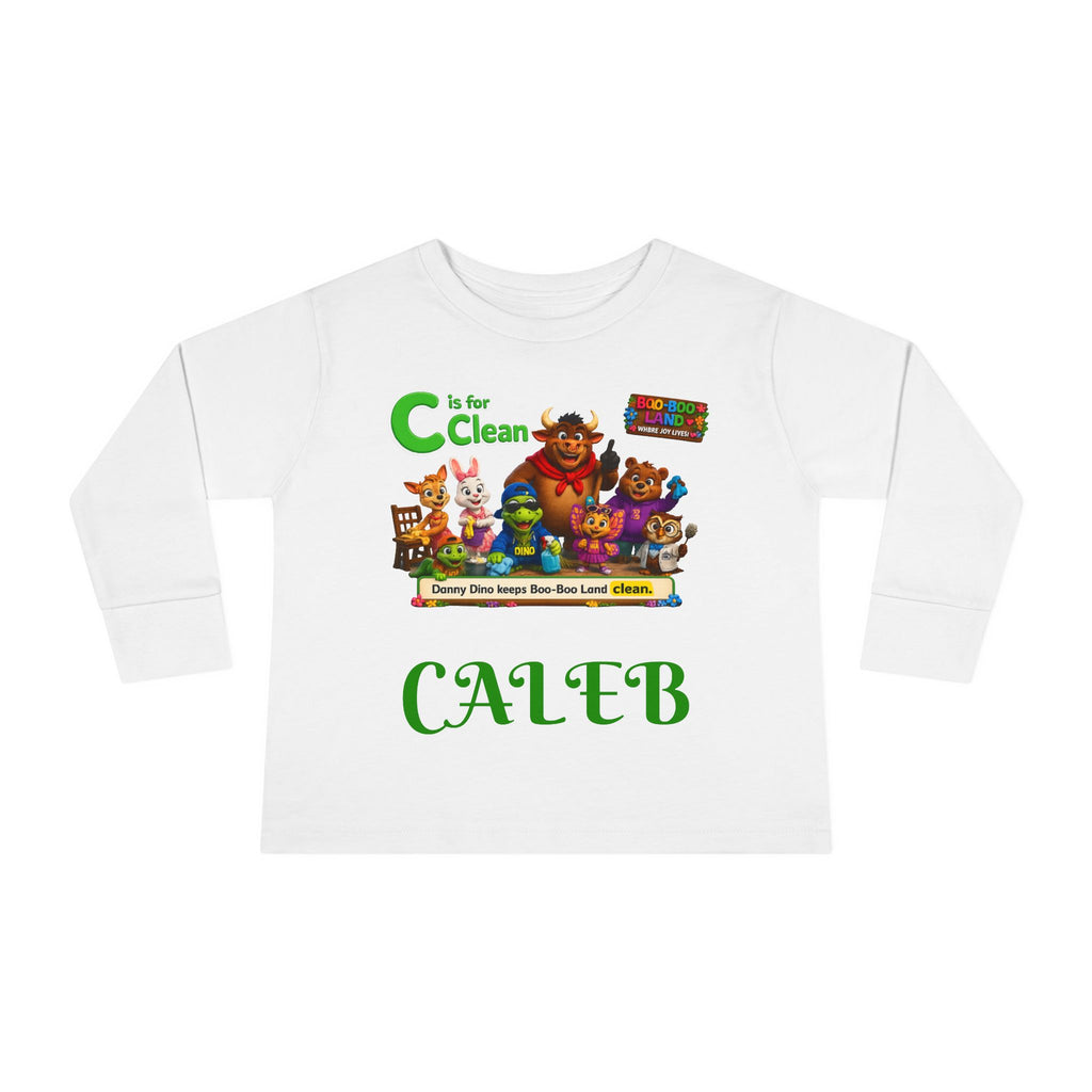 Children's Long Sleeve Tee — Personalized 'C is for Clean' Animal Alphabet Shirt (Name: Caleb)