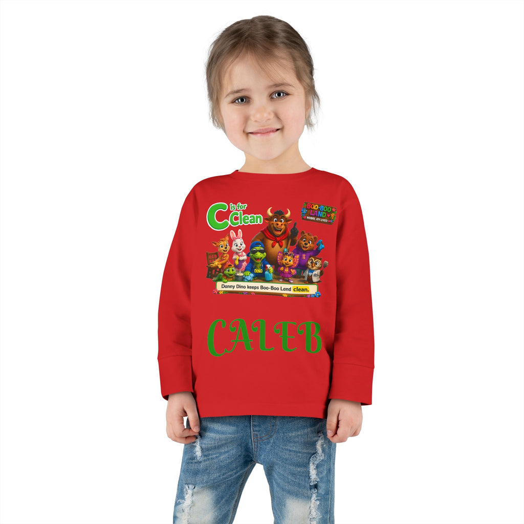 Children's Long Sleeve Tee — Personalized 'C is for Clean' Animal Alphabet Shirt (Name: Caleb)