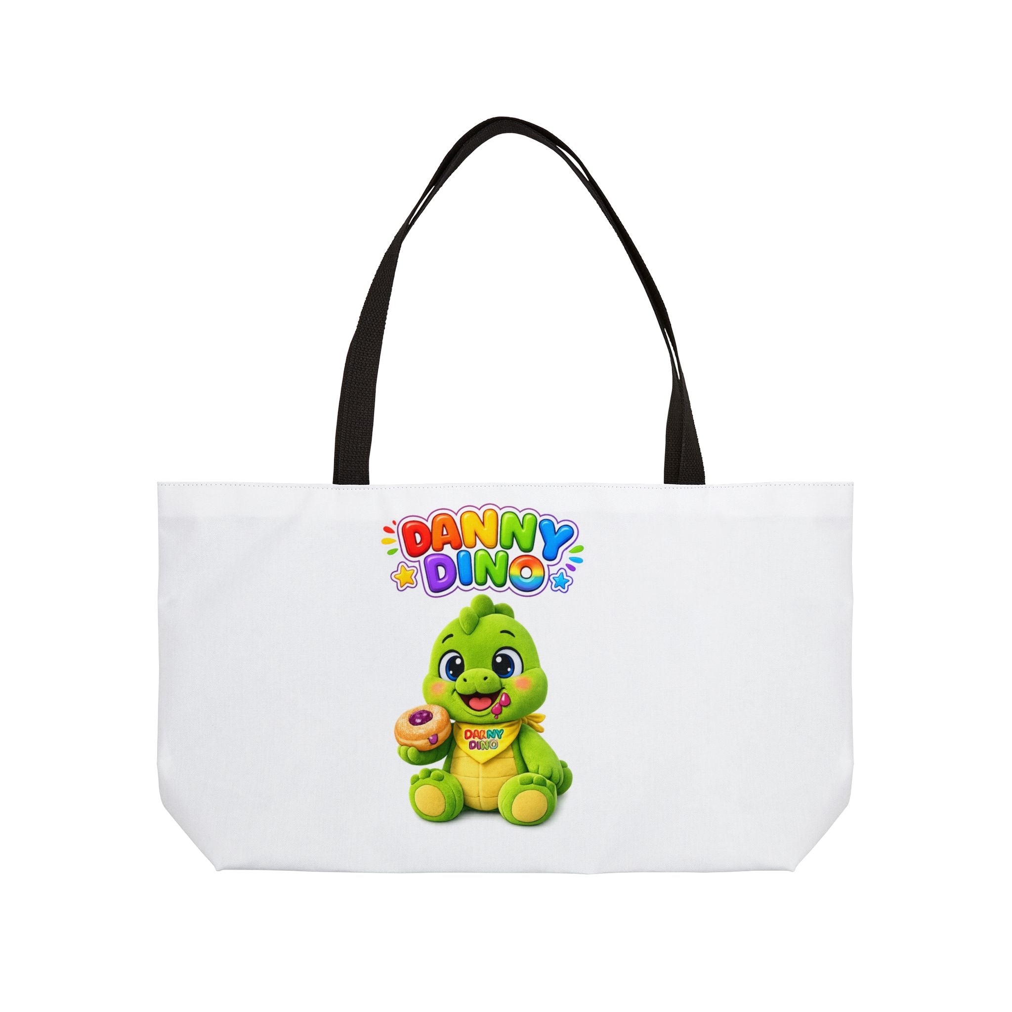 Danny Dino Kids Weekender Tote Bag — Cute Green Dino with Donut