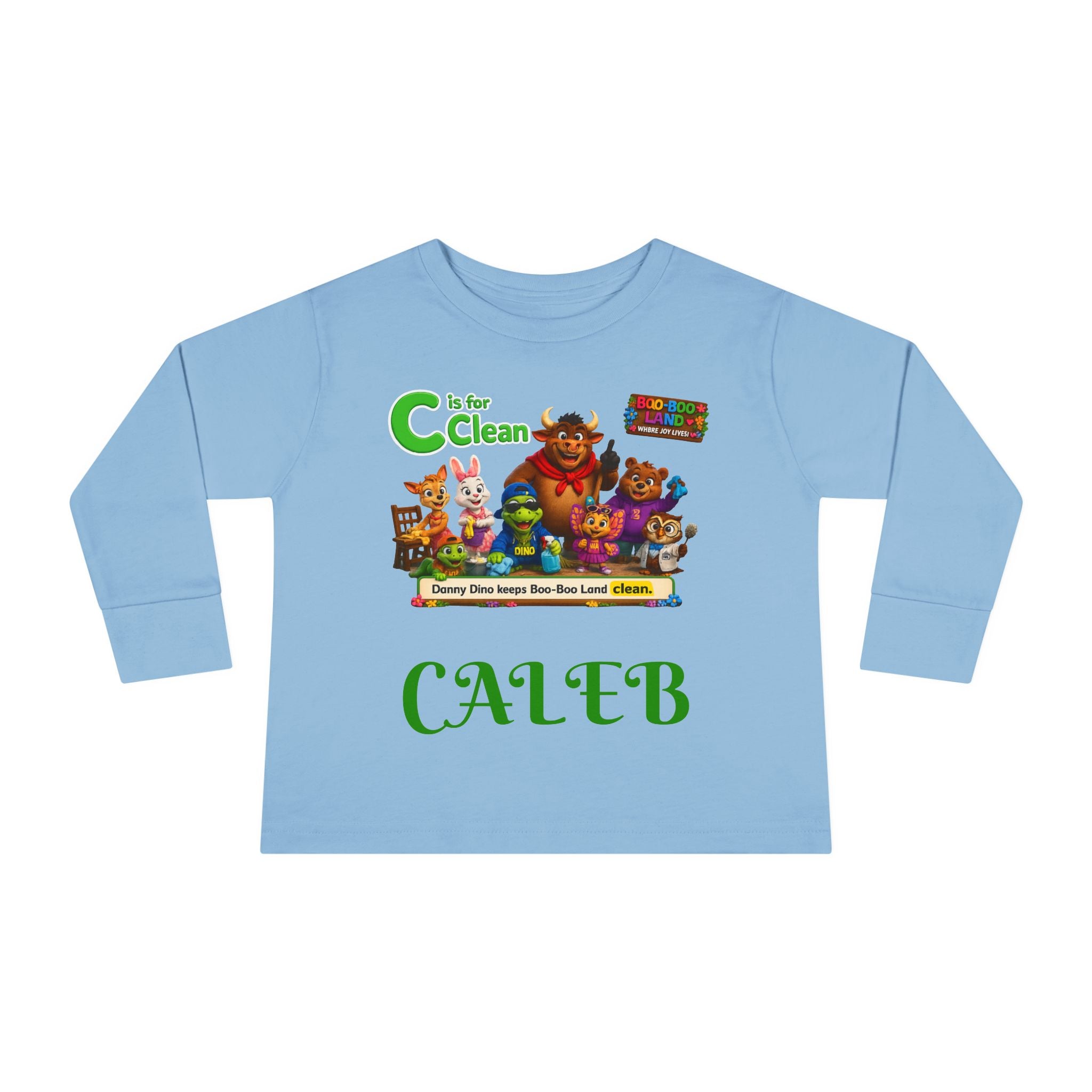 Children's Long Sleeve Tee — Personalized 'C is for Clean' Animal Alphabet Shirt (Name: Caleb)