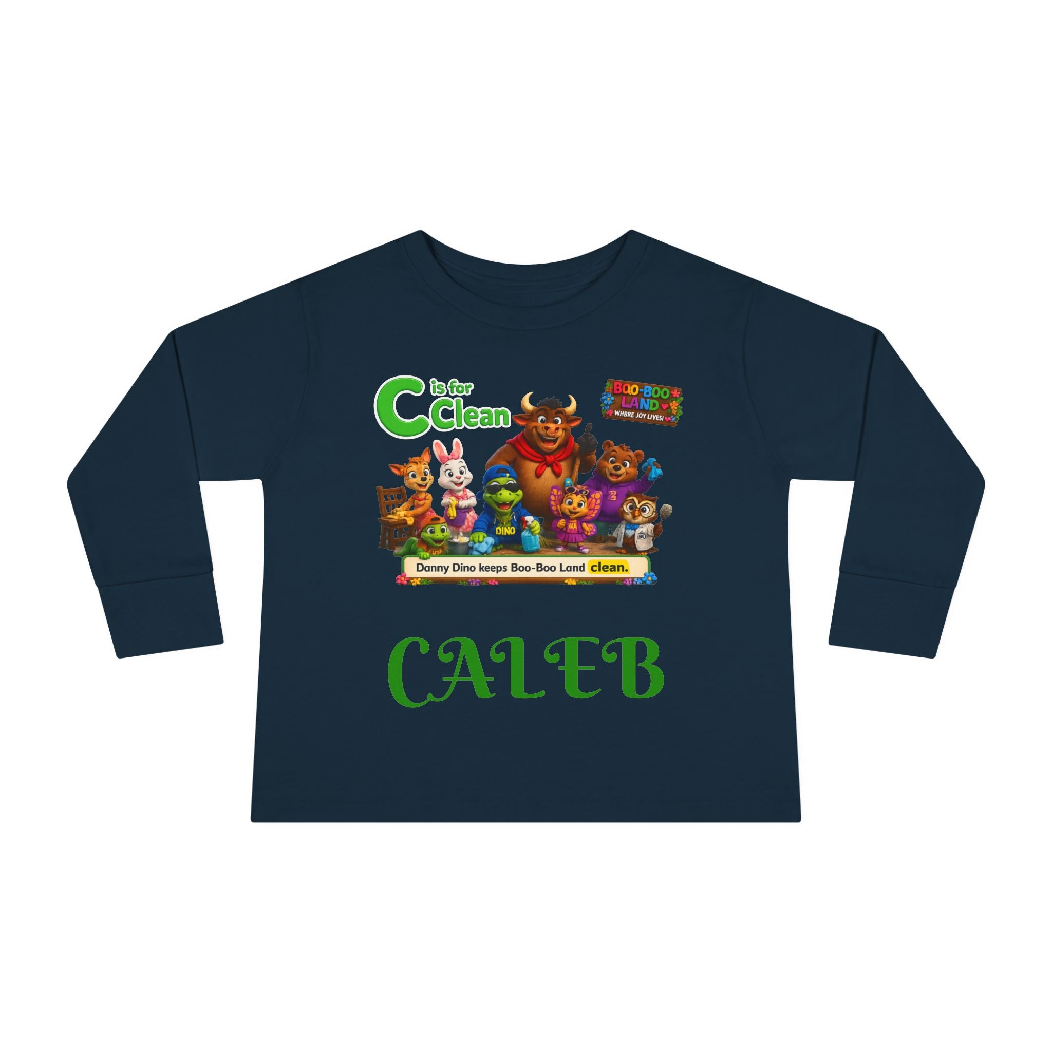 Children's Long Sleeve Tee — Personalized 'C is for Clean' Animal Alphabet Shirt (Name: Caleb)